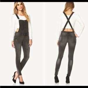 Women’s Charcoal Gray Distressed Denim Overalls Jumpsuit